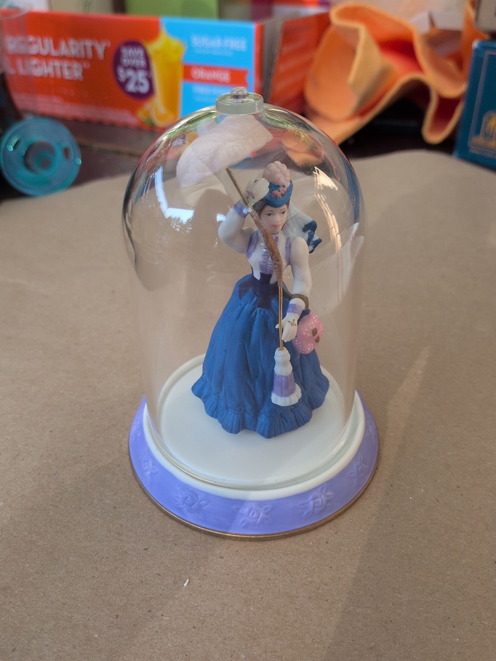 Blue Victorian Lady Figurine Under Glass Dome - Decorative Home Accent